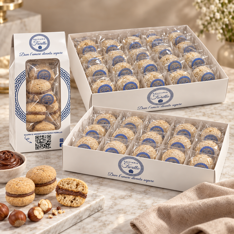 Formati Baci di Dama con gianduia Dolciaria Fiorillo: busta da 250 g e scatole da 500 g e 1 kg.