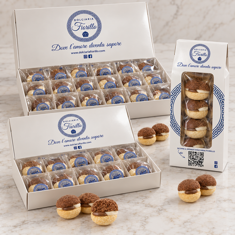 Formati dei Baci di Dama Dolciaria Fiorillo con crema gianduia e cioccolato bianco, con busta e scatole Fiorillo.