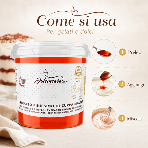 Come usare Estratto Finissimo di Zuppa Inglese Dolcincasa con passaggi preleva aggiungi e miscela per gelati e dolci.
