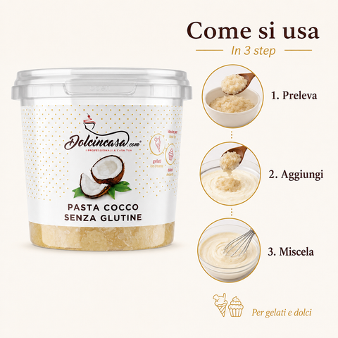 Guida visuale Dolcincasa per usare Pasta Cocco Senza Glutine in tre step: preleva, aggiungi e miscela.

