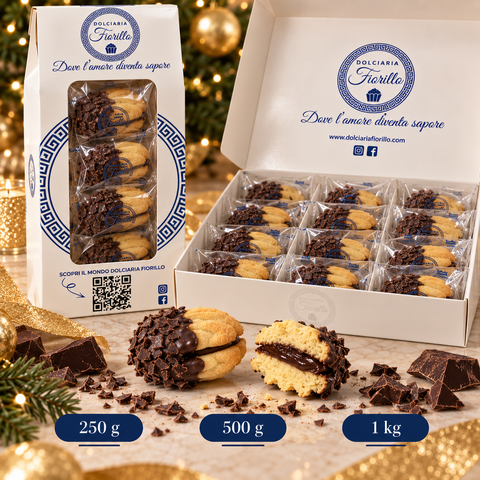 Formati dei Frollini al Rhum con Scaglie di Cioccolato Dolciaria Fiorillo da 250 g, 500 g e 1 kg.