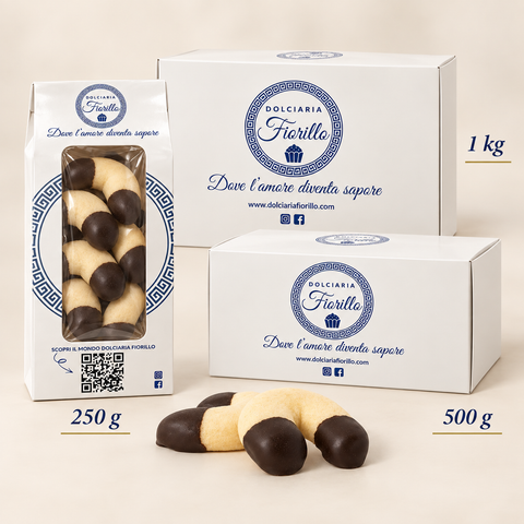 Formati dei Frollini bagnati al Cioccolato Dolciaria Fiorillo: 250 g, 500 g e 1 kg.