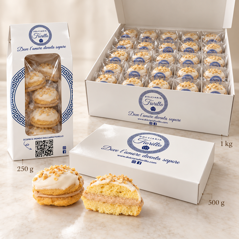 Formati dei frollini con crema alla nocciola Dolciaria Fiorillo: 250 g, 500 g e 1 kg.