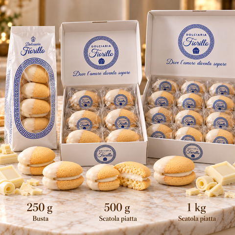 Formati Maddalene al Cioccolato Bianco Dolciaria Fiorillo: busta 250 g, scatola piatta 500 g e scatola piatta 1 kg.