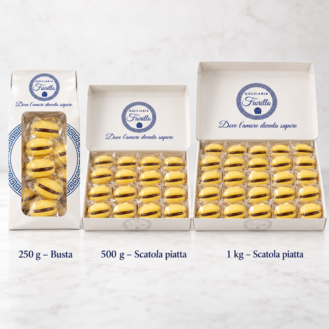 Formati Maddalene al Limone Dolciaria Fiorillo: busta 250 g e scatole piatte 500 g e 1 kg.