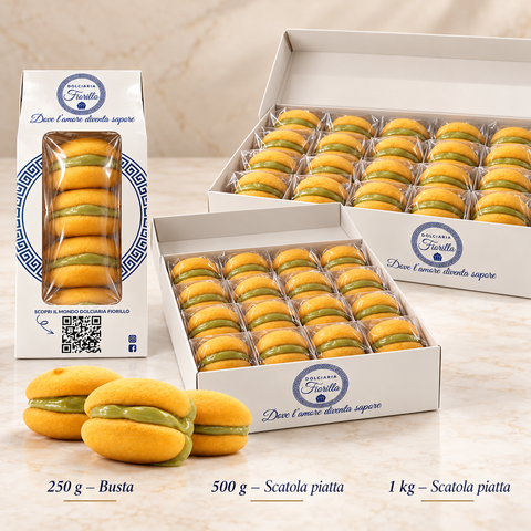 Formati Maddalene al Pistacchio Dolciaria Fiorillo: 250 g in busta, 500 g e 1 kg in scatola piatta.