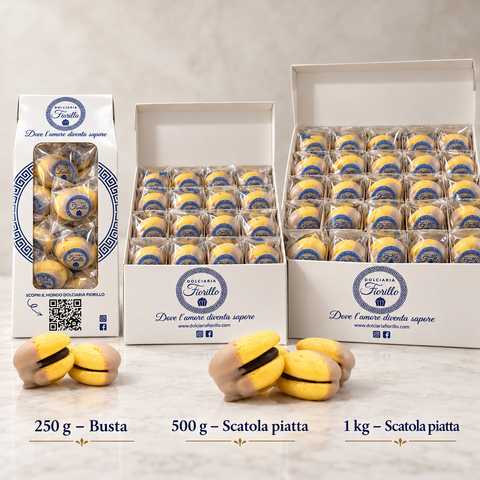 Formati Maddalene al Rhum Dolciaria Fiorillo da 250 g in busta, 500 g e 1 kg in scatola piatta.