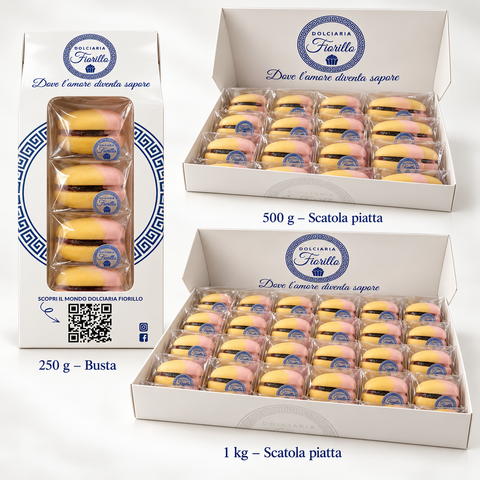 Formati delle Maddalene alla Fragola Dolciaria Fiorillo: 250 g in busta, 500 g e 1 kg in scatola piatta.