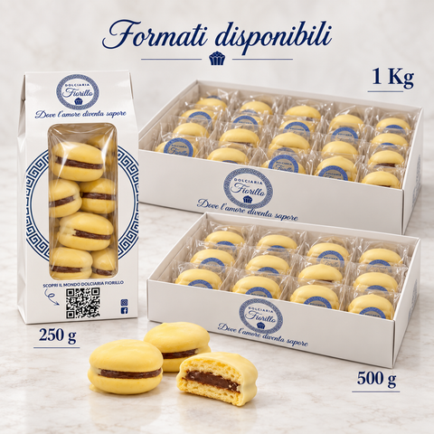 Formati delle Maddalene al bergamotto Dolciaria Fiorillo: busta da 250 g e scatole piatte da 500 g e 1 kg.