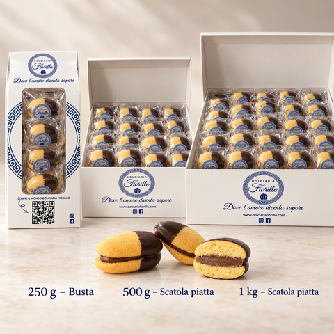 Formati Maddalene con crema gianduia: busta 250 g e scatole piatte 500 g e 1 kg
