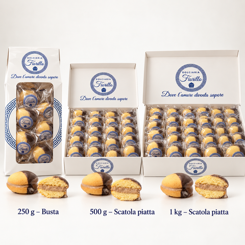 Formati 250 g, 500 g e 1 kg delle Maddalene con crema nocciolata al latte Dolciaria Fiorillo.