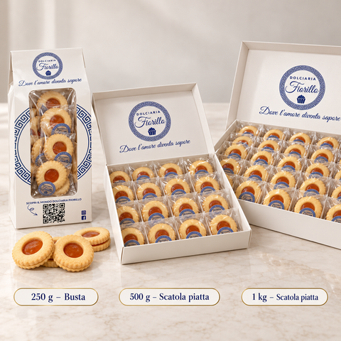 Formati Occhi di Bue alla marmellata Dolciaria Fiorillo: 250 g, 500 g e 1 kg.