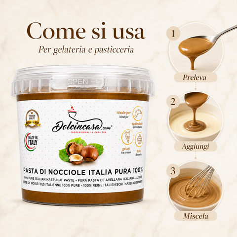 Pasta di Nocciole Italia Pura 100% Dolcincasa con istruzioni di utilizzo: preleva, aggiungi e miscela.
