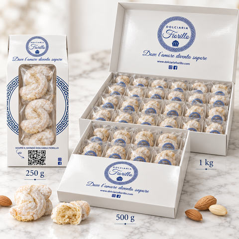 Formati paste di mandorla a S Dolciaria Fiorillo: busta 250 g e scatole piatte da 500 g e 1 kg.