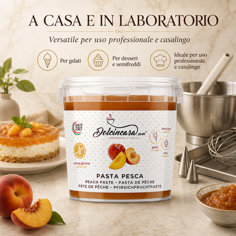 Pasta Pesca Dolcincasa in ambiente di cucina e laboratorio, per uso professionale e casalingo in gelati e dessert.
