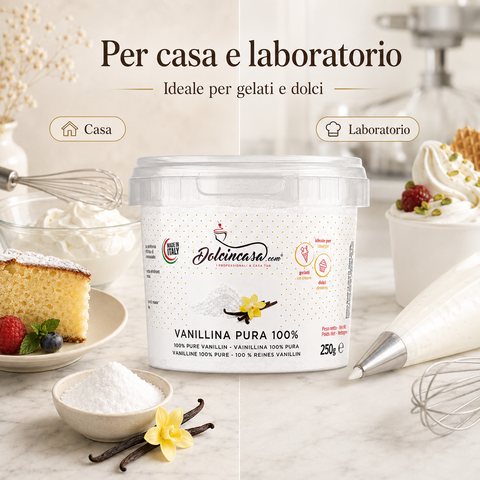 Vanillina Pura 100% Dolcincasa per casa e laboratorio, ideale per preparazioni di gelateria e pasticceria.