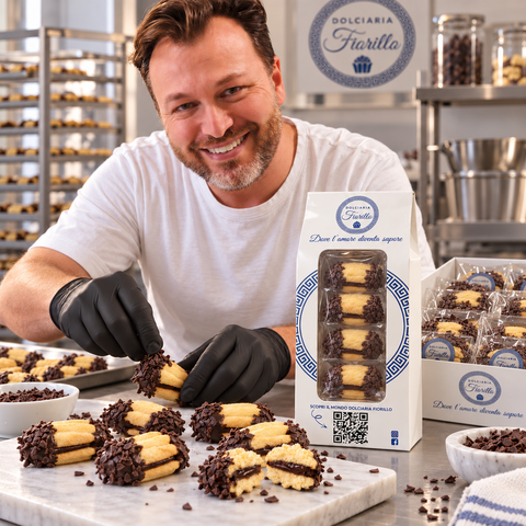 Preparazione in laboratorio dei Frollini al Rhum con Scaglie di Cioccolato Dolciaria Fiorillo con guanti neri.