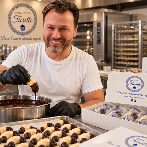 Preparazione in laboratorio dei Frollini bagnati al Cioccolato Dolciaria Fiorillo.