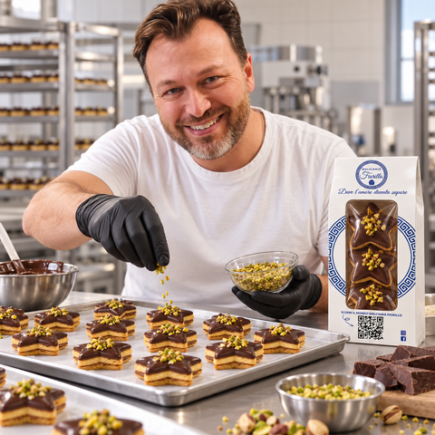 Lavorazione dei frollini con gianduia Dolciaria Fiorillo in laboratorio, con decorazione della superficie e confezione accanto.