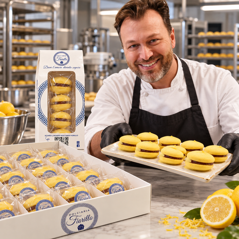 Pasticcere con guanti neri presenta Maddalene al Limone Dolciaria Fiorillo in laboratorio.