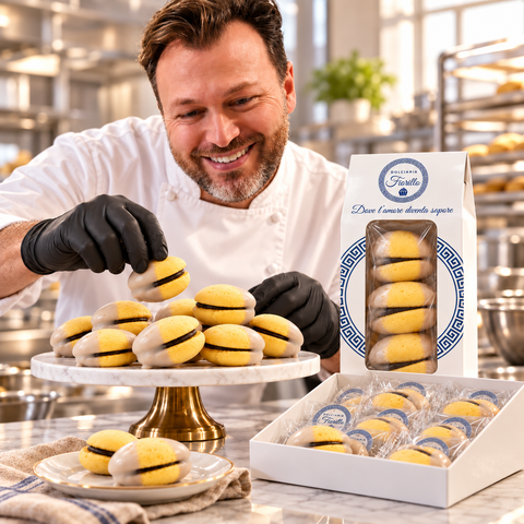 Pasticcere in laboratorio con guanti neri mentre prepara e confeziona le Maddalene al Rhum Dolciaria Fiorillo.