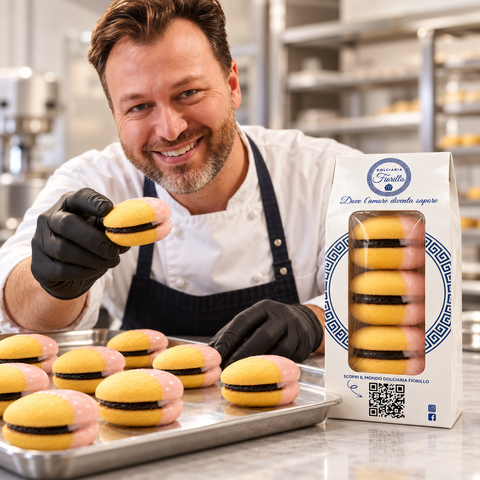 Pasticcere con guanti neri presenta le Maddalene alla Fragola in laboratorio accanto alla confezione Dolciaria Fiorillo.