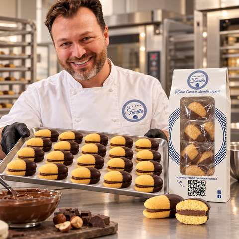 Pasticcere con guanti neri presenta Maddalene con crema gianduia nel laboratorio Fiorillo