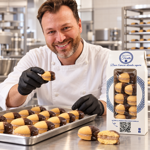 Pasticcere con guanti neri prepara Maddalene con crema nocciolata al latte nel laboratorio Fiorillo.