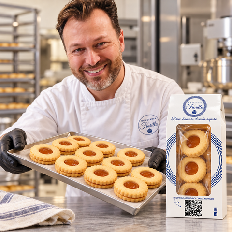 Pasticcere con guanti neri presenta gli Occhi di Bue alla marmellata nel laboratorio Dolciaria Fiorillo.