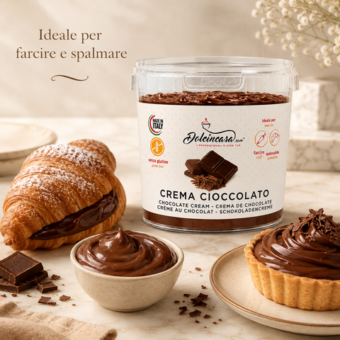 Crema Cioccolato Dolcincasa in scena lifestyle premium con croissant, crostata e dessert al cioccolato.