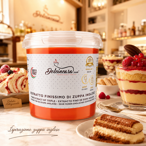 Estratto Finissimo di Zuppa Inglese Dolcincasa in scena lifestyle premium con gelati dolci al cucchiaio e ispirazione zuppa inglese.
