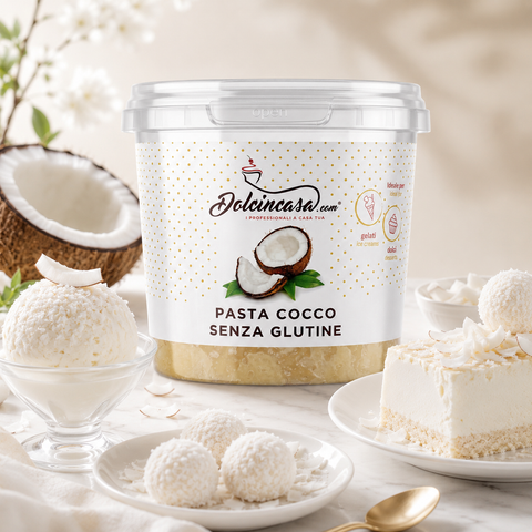 Pasta Cocco Senza Glutine Dolcincasa in scena lifestyle premium con dessert al cocco e atmosfera luminosa.
