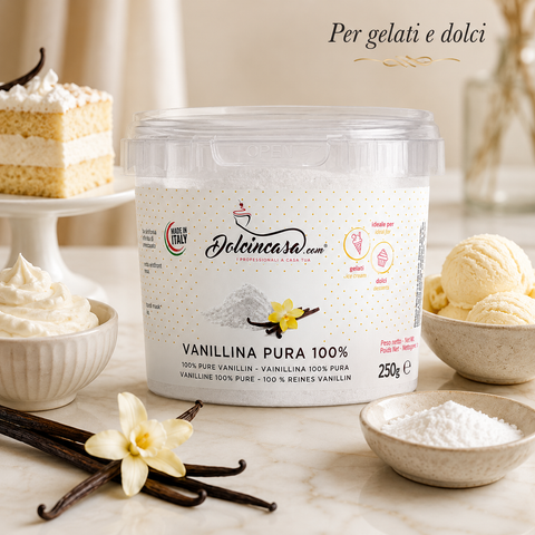 Vanillina Pura 100% Dolcincasa in scena lifestyle premium con gelati e dolci alla vaniglia.
