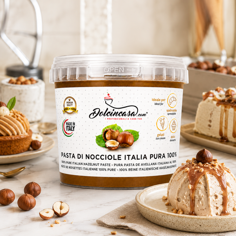 Pasta di Nocciole Italia Pura 100% Dolcincasa in scena lifestyle premium con dolci e dessert alla nocciola.
