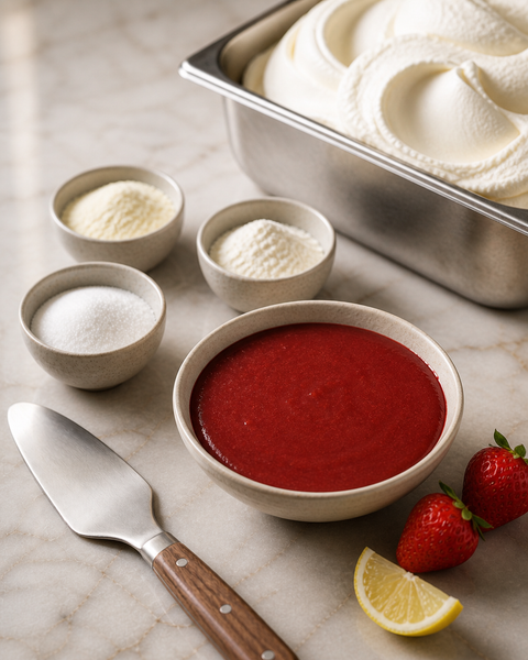 Pasta gelato alla frutta Dolcincasa con ingredienti per la preparazione del gelato: base in polvere, latte in polvere, destrosio, spatola professionale e vaschetta di gelato artigianale su marmo chiaro