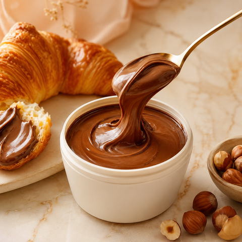 Crema spalmabile al cioccolato con cucchiaio e croissant su marmo chiaro