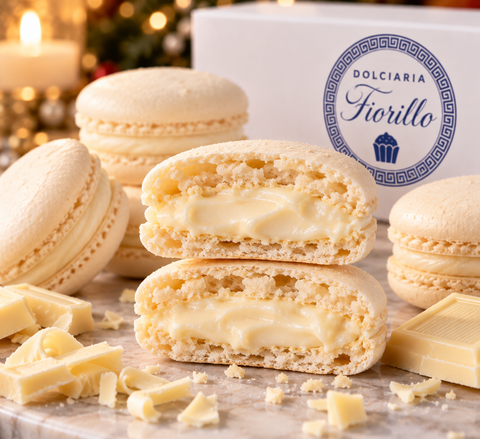 Primo piano di macarons al cioccolato bianco aperti, con guscio croccante e ripieno cremoso ben visibile.