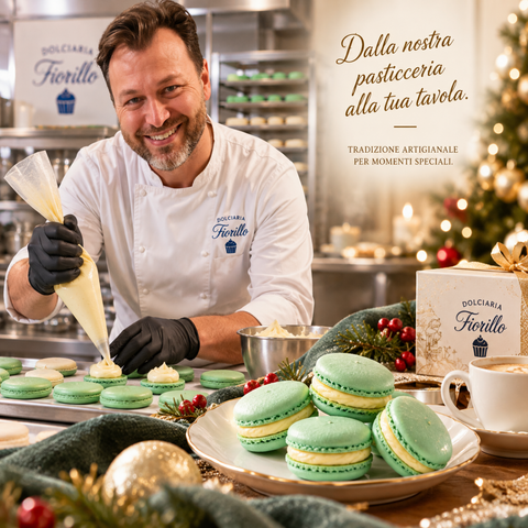 Pasticcere Dolciaria Fiorillo prepara macarons alla crema vaniglia dolciaria fiorillo in laboratorio con esperienza premium a tavola.
