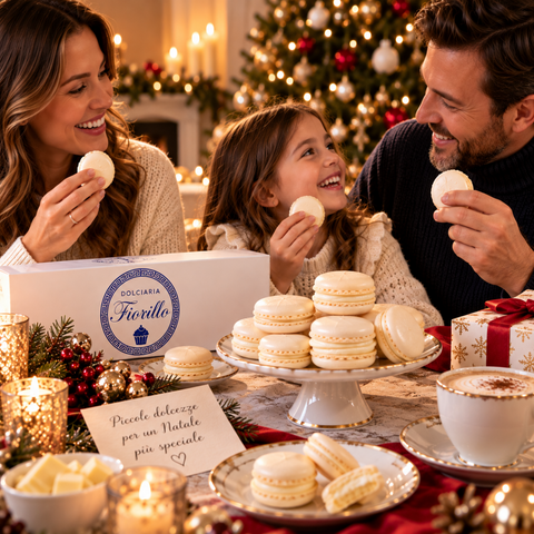 Famiglia riunita a Natale mentre condivide macarons al cioccolato bianco Dolciaria Fiorillo in un momento conviviale.