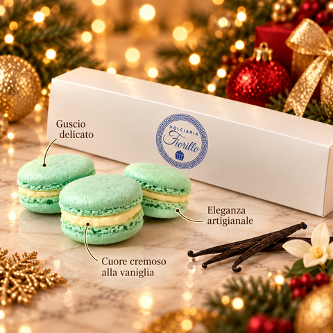 Macarons alla crema vaniglia Dolciaria Fiorillo con guscio delicato, cuore cremoso e confezione regalo.
