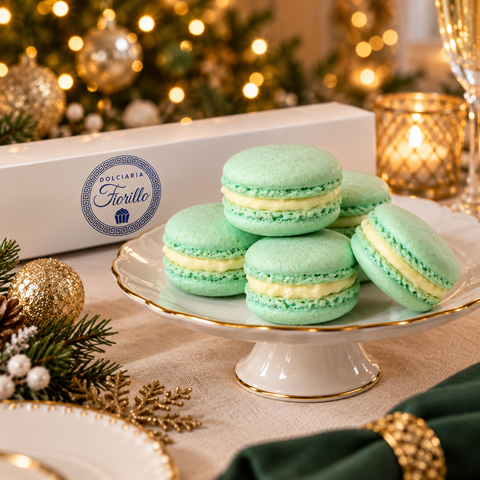 Macarons alla crema vaniglia Dolciaria Fiorillo serviti su alzata elegante in atmosfera natalizia.
