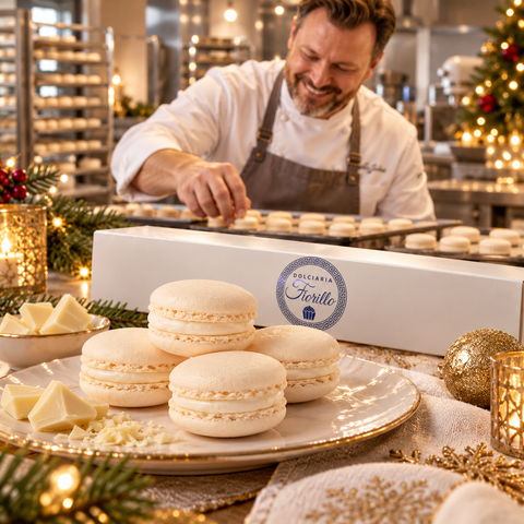 Macarons al cioccolato bianco Dolciaria Fiorillo dal laboratorio artigianale alla tavola di casa in atmosfera natalizia.