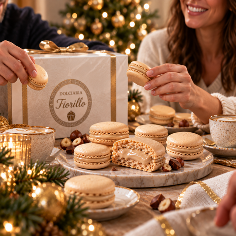 Macarons Nocciolata al Latte condivisi a Natale con confezione Dolciaria Fiorillo, caffe e atmosfera calda di festa.