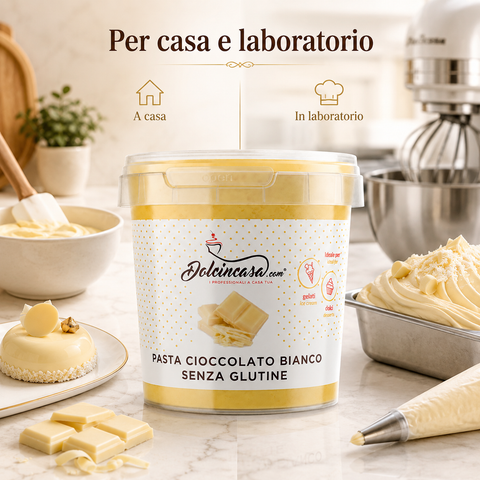 Pasta Cioccolato Bianco Dolcincasa ambientata tra preparazioni di pasticceria per casa e laboratorio