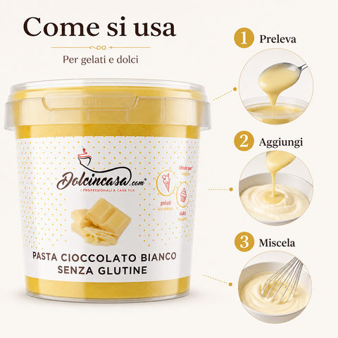 Pasta Cioccolato Bianco Dolcincasa con esempi di utilizzo per gelati, semifreddi e dessert