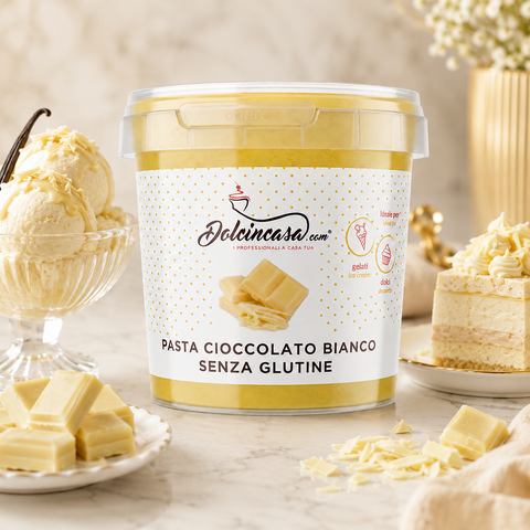 Pasta Cioccolato Bianco Dolcincasa con gelato e dolci al cioccolato bianco in ambientazione premium