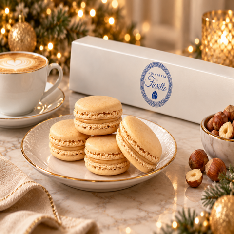 Macarons Nocciolata al Latte serviti con caffe e confezione Dolciaria Fiorillo durante un momento natalizio.
