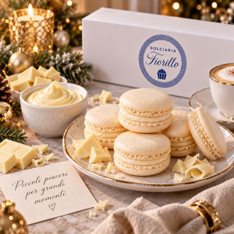 Macarons al cioccolato bianco serviti su piatto elegante con bevanda calda e confezione Dolciaria Fiorillo sullo sfondo.