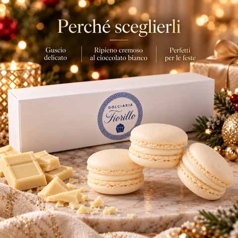 Macarons al cioccolato bianco con guscio delicato e ripieno cremoso, presentati con confezione Dolciaria Fiorillo per le feste.
