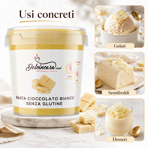 Pasta Cioccolato Bianco Dolcincasa con sequenza di utilizzo preleva, aggiungi e miscela